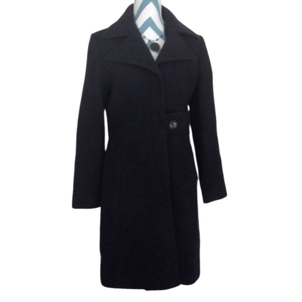 Y2K Wool Boucle Fitted Coat Empire Waist Black Rivet Mid Length Walker VTG  4 S
